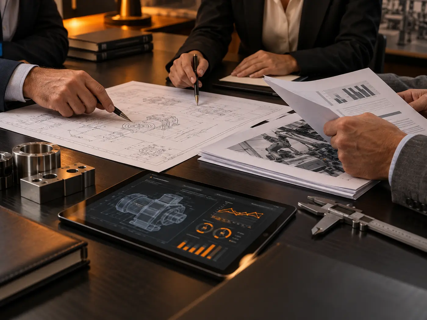 Professionisti durante l’analisi coordinata di documentazione tecnica e dati macchina