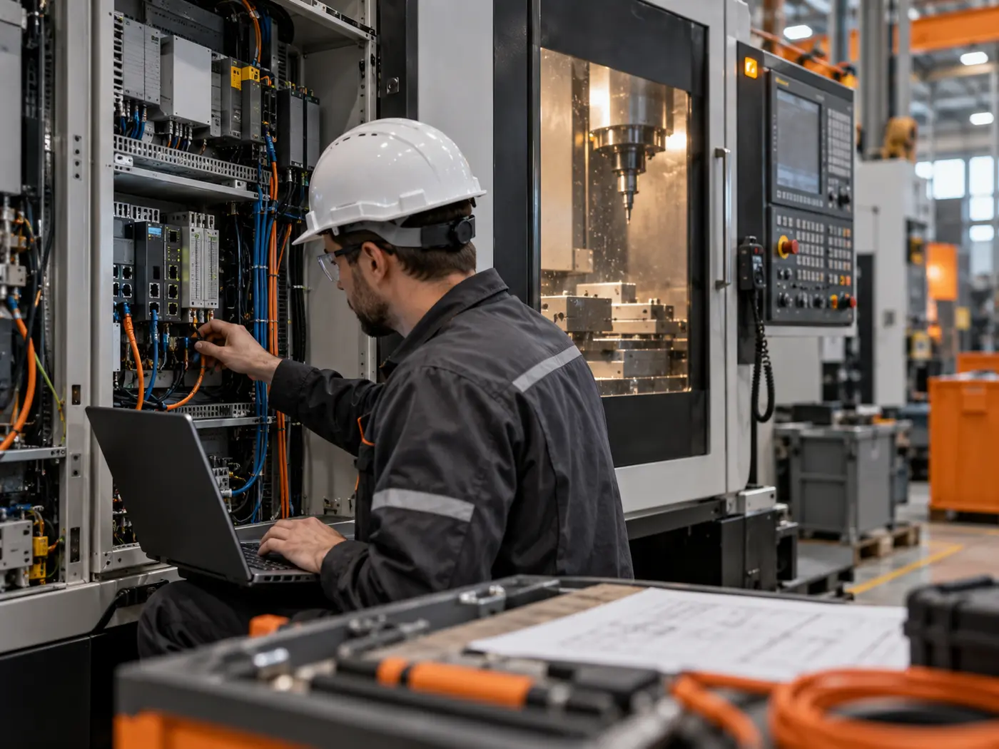 Tecnico durante la verifica dell’interconnessione di una macchina industriale